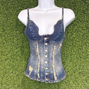 REVICE Harlow Corset Denim Tank Top Most Wanted Small Distressed
